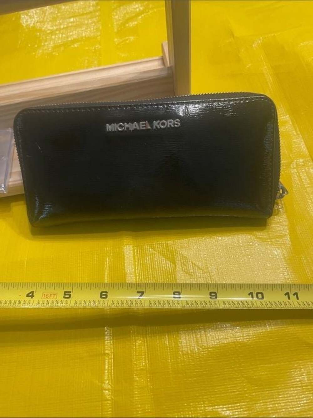 Michael Kors Black Patent Zip-Around Wallet with Silver Logo